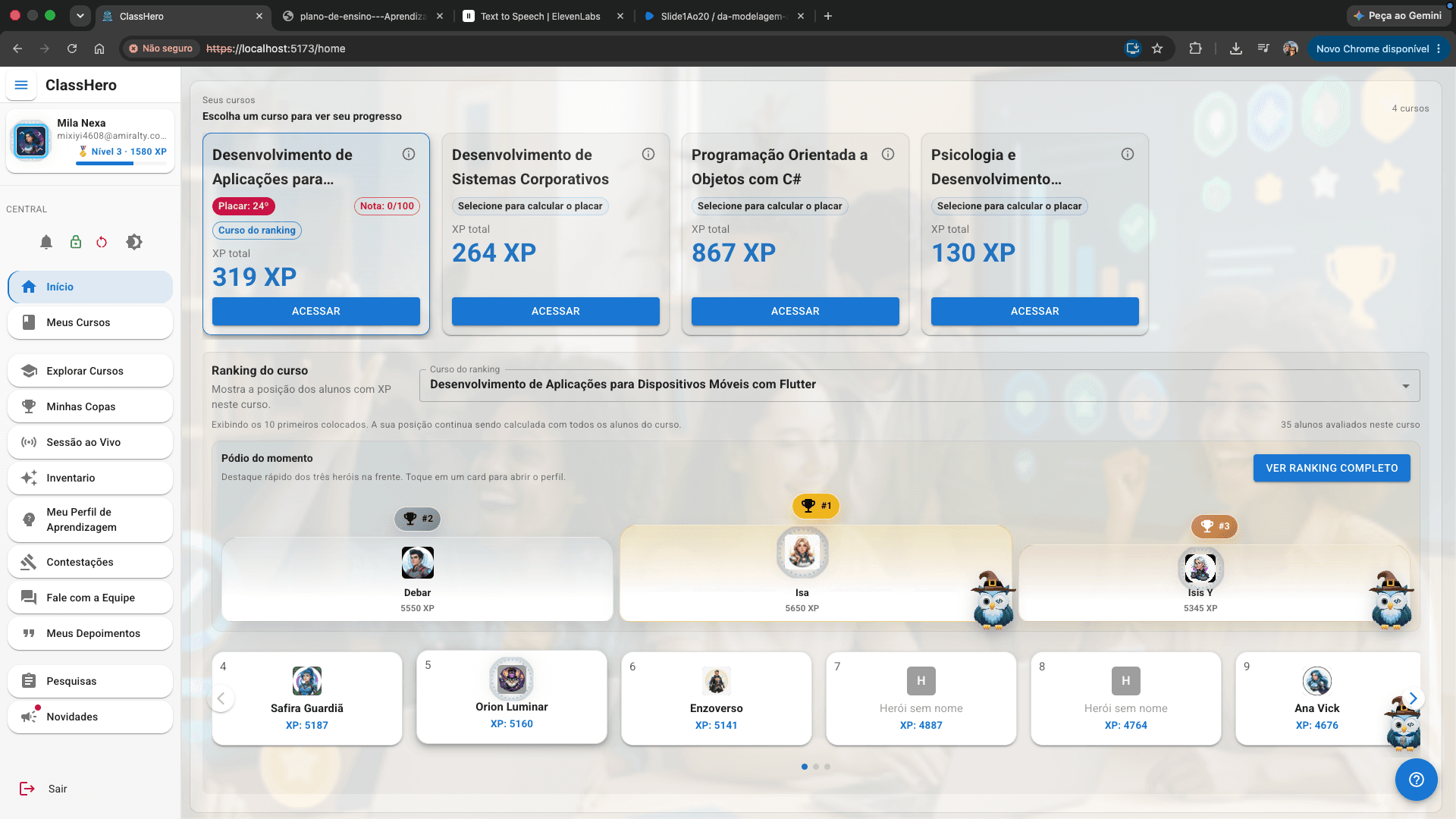 Tela inicial do estudante no ClassHero com cursos, progresso e ranking gamificado